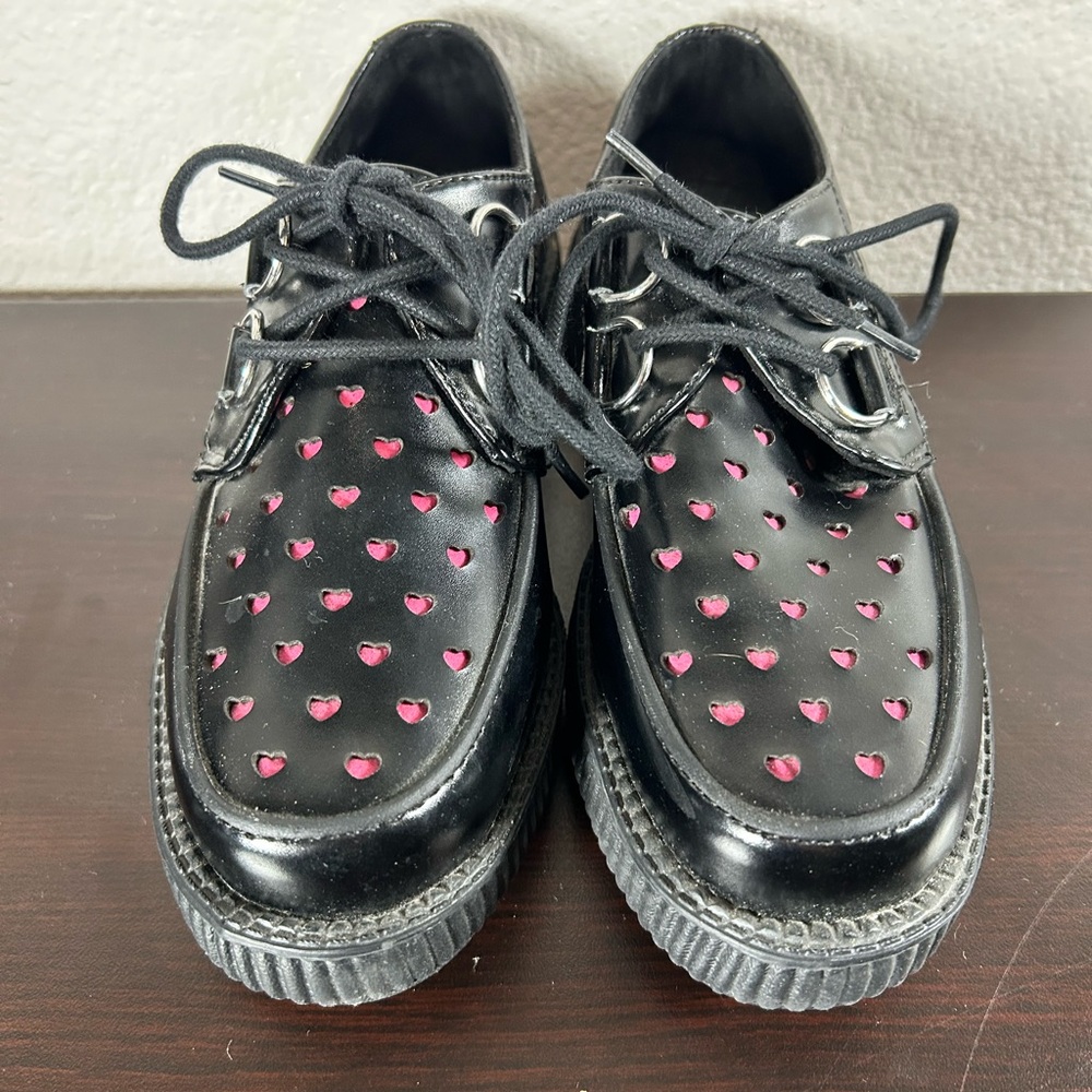 tuk Black Platform Creepers with Pink Heart Cutouts